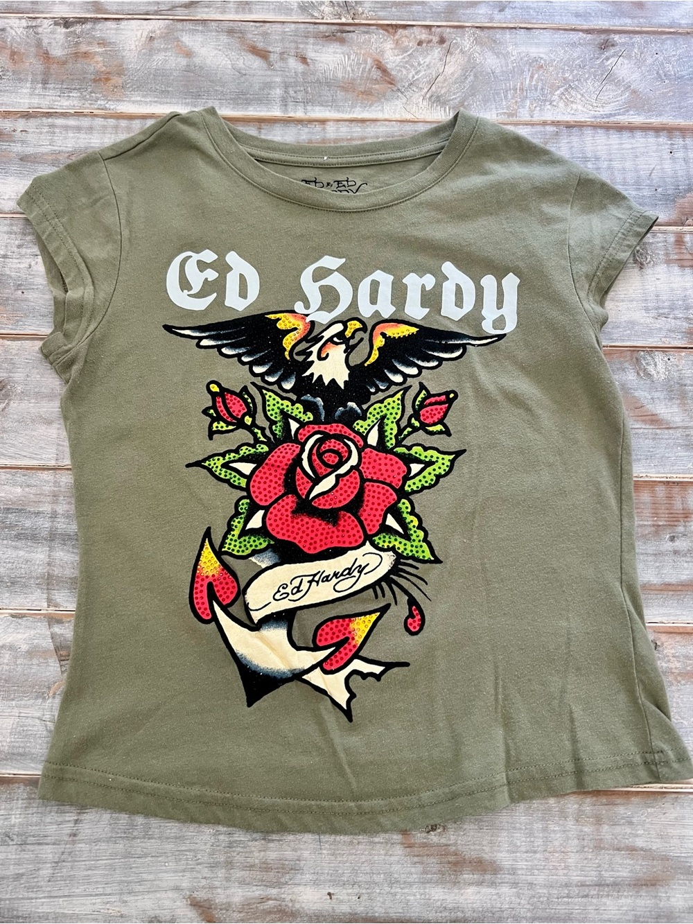 Ed Hardy Olive Graphic Tee with Rose & Eagle